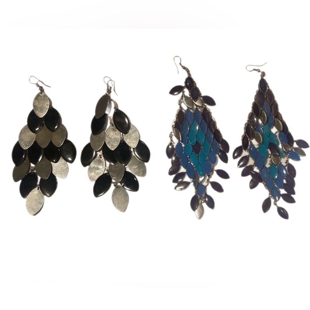 Lot of 2 Teal Black Silver Statement Chandelier Earrings with Cascading Design